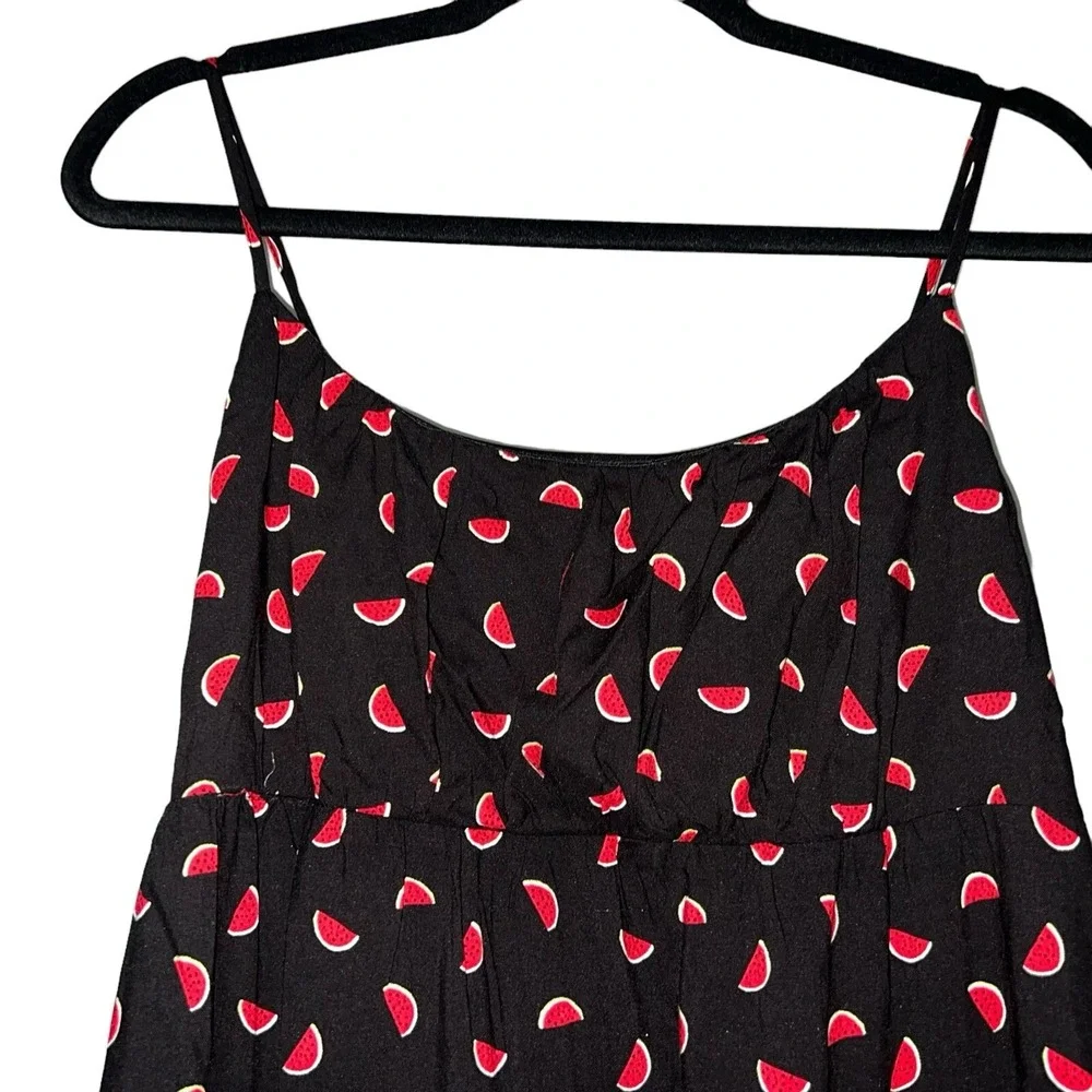 Lily White Watermelon Print Tiered‎ Mini Dress Black Red Smocked Back Adjustable